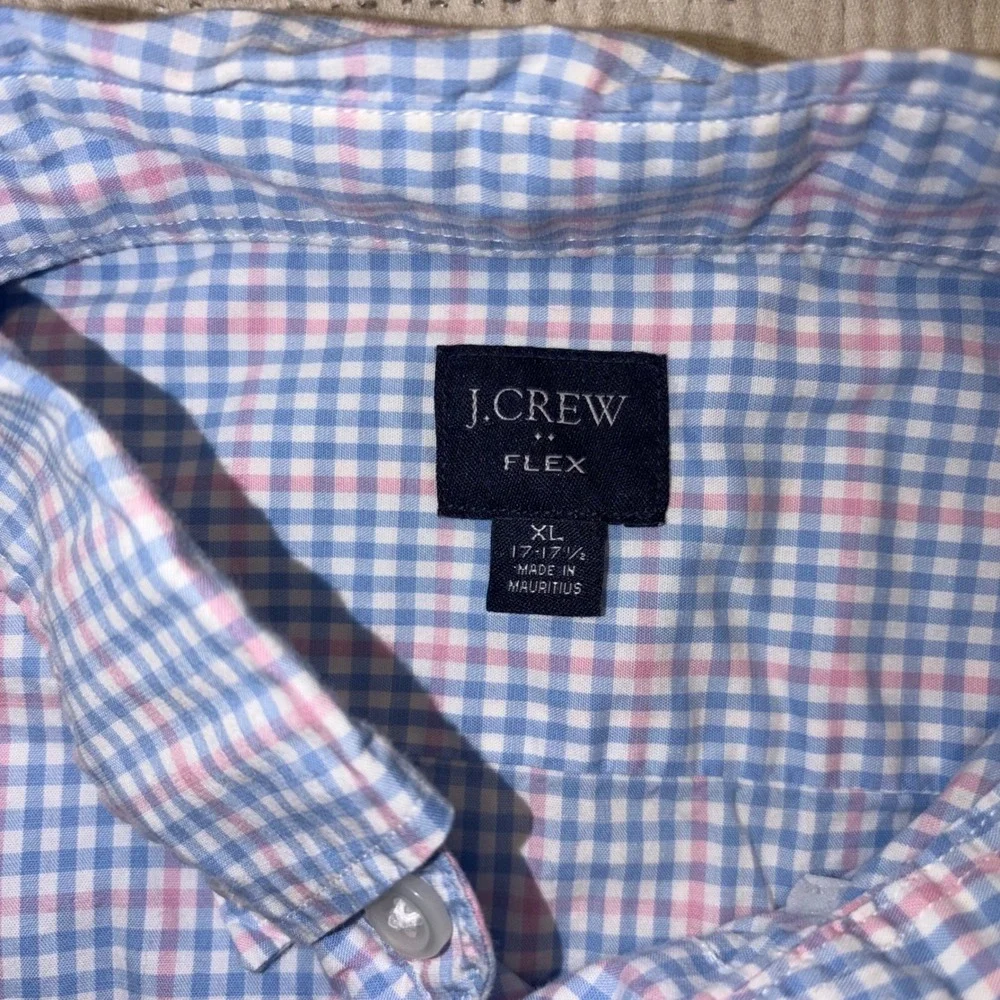 J.Crew‎ Flex Mens XL Short Sleeve Button Down Shirt Blue Pink Gingham Plaid XL